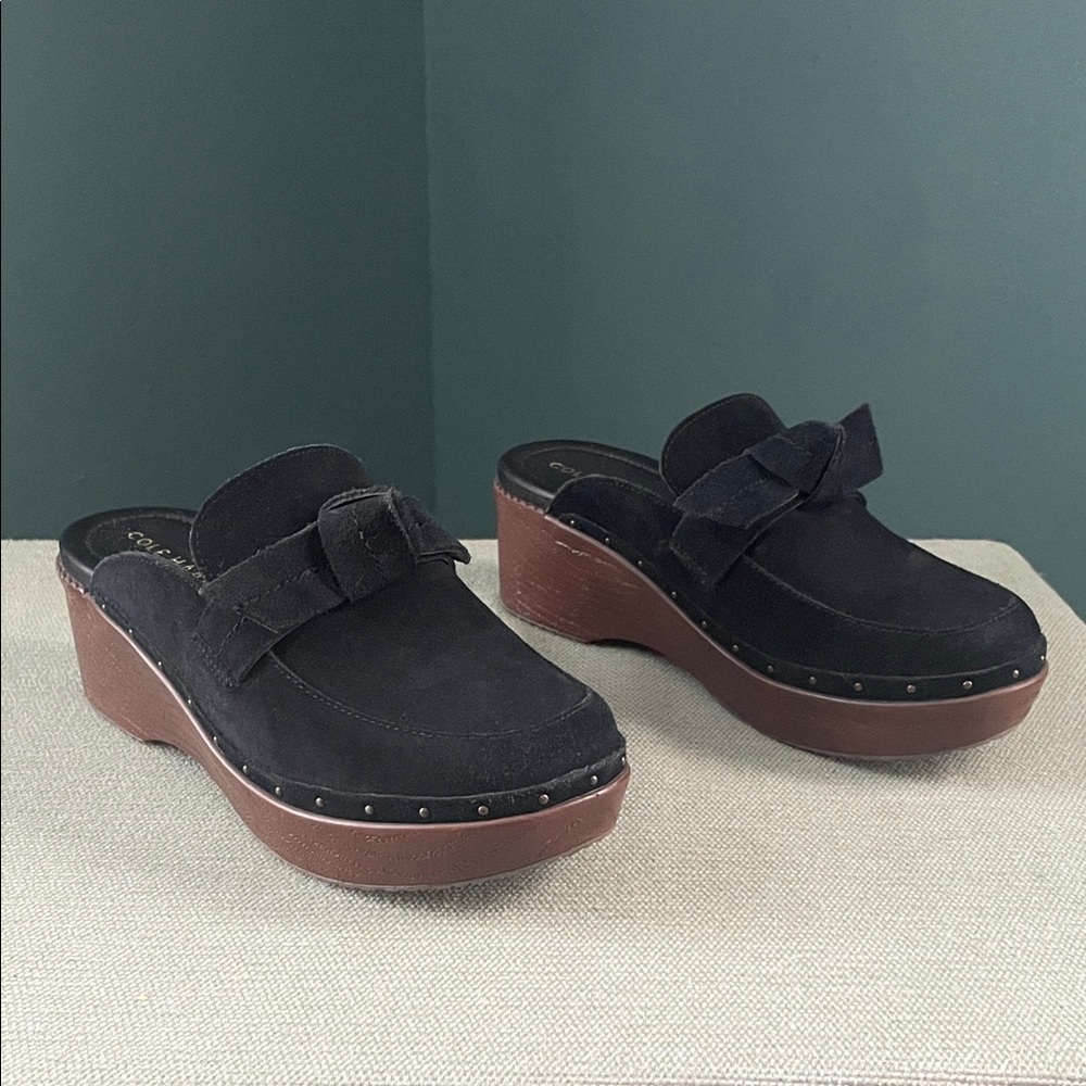 Cole Haan Black Suede clogs with Bow Accent